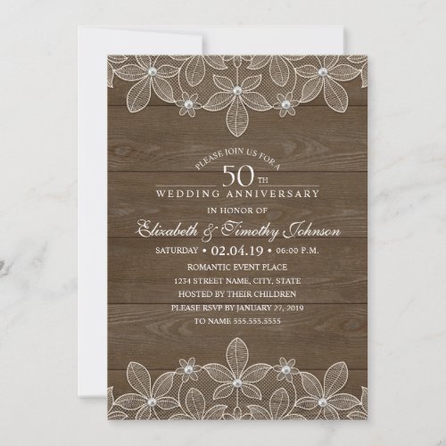 50th Wedding Anniversary Rustic Wood Country Lace Invitation