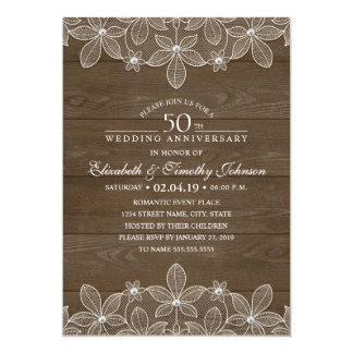 50th Wedding Anniversary Rustic Wood Country Lace Invitation