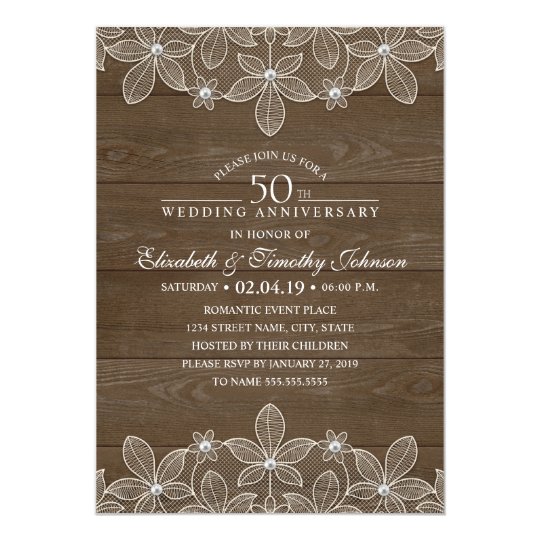 50th Wedding Anniversary Rustic Wood Country Lace Invitation | Zazzle.com