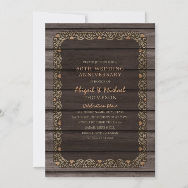 50th Wedding Anniversary Rustic Wood Country Party Invitation (Front)