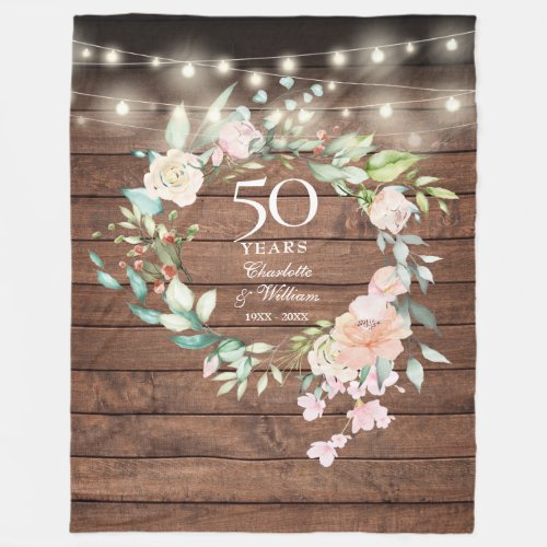 50th Wedding Anniversary Rustic Wood Floral Fleece Blanket