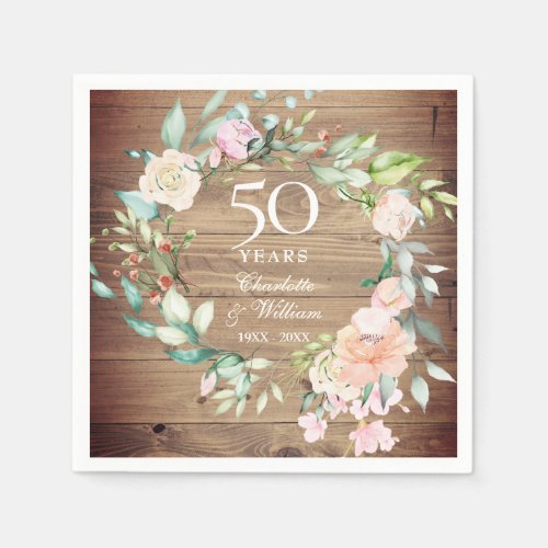  50th Wedding Anniversary Rustic Wood Rose Floral Napkins