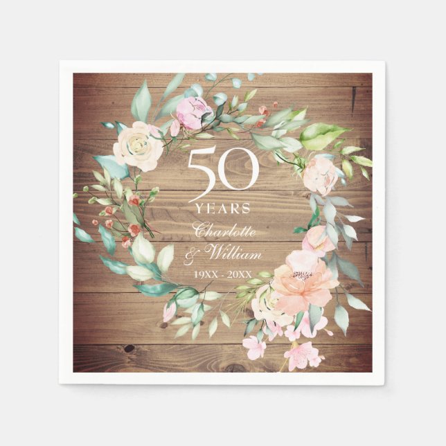  50th Wedding Anniversary Rustic Wood Rose Floral Napkins (Front)