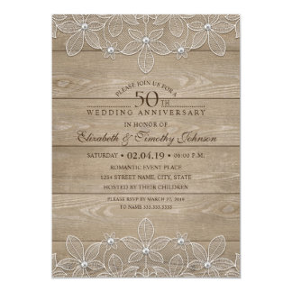 50th Wedding Anniversary Rustic Wood Vintage Lace Invitation