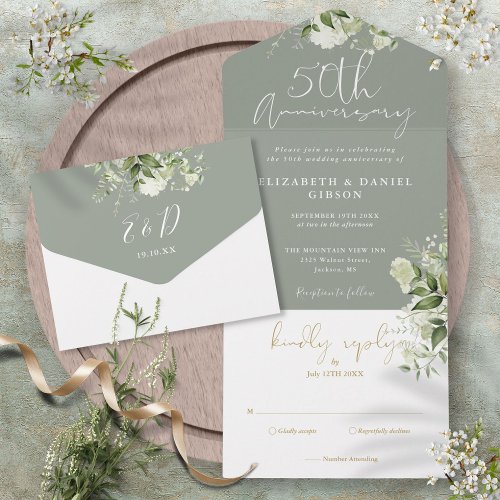 50th Wedding Anniversary Sage Green Floral All In One Invitation