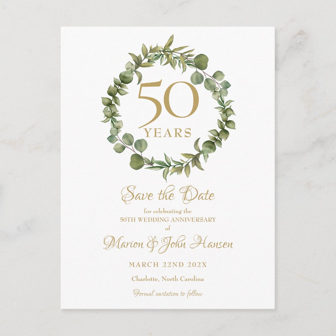 50th Wedding Anniversary Save the Date Greenery Postcard | Zazzle