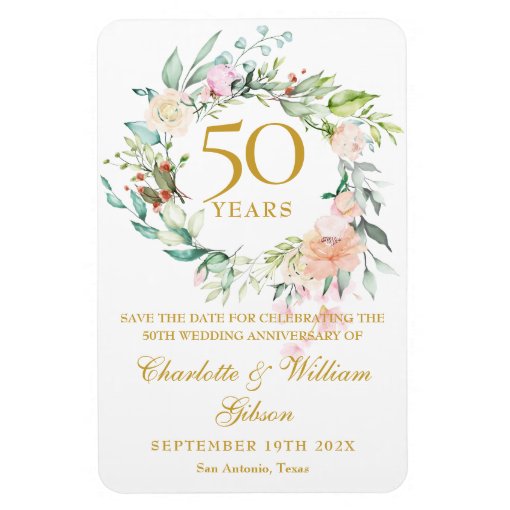 50th Wedding Anniversary Save the Date Rose Floral Magnet | Zazzle