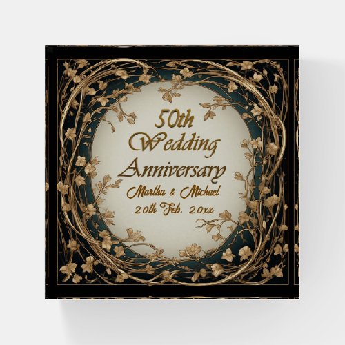 50th Wedding Anniversary Script Gold Foliage Frame Paperweight