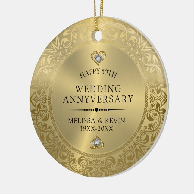 50th Wedding Anniversary Shiny Floral gold Frame Ceramic Ornament (Left)
