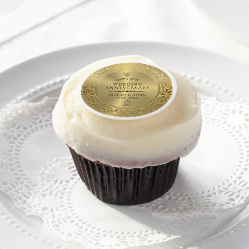 50th Wedding Anniversary Shiny Floral gold Frame Edible Frosting Rounds