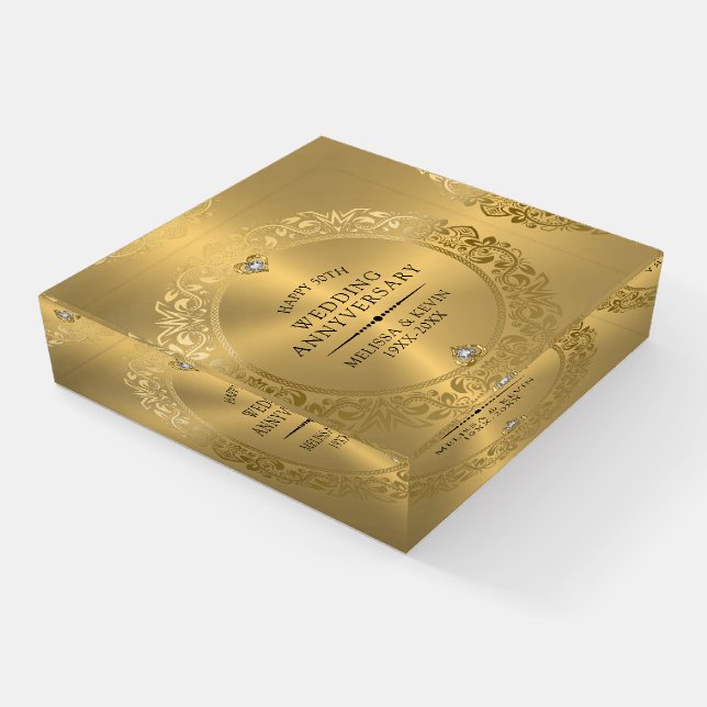 50th Wedding Anniversary Shiny Floral Gold Frame Paperweight (Angled)