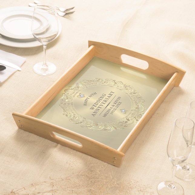 50th Wedding Anniversary Shiny Floral gold Frame Serving Tray (Front)