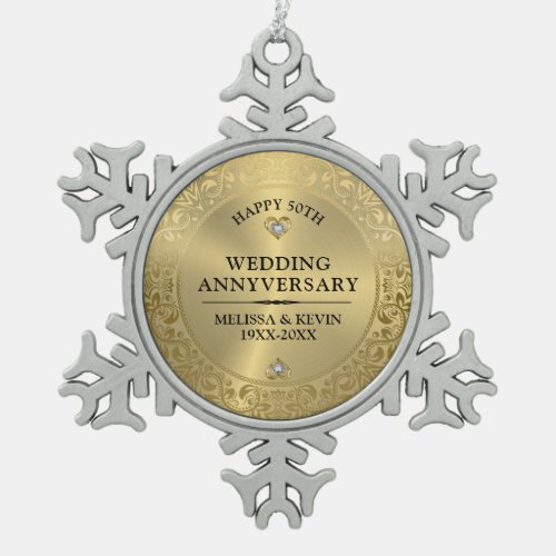 50th Wedding Anniversary Shiny Floral gold Frame Snowflake Pewter Christmas Ornament