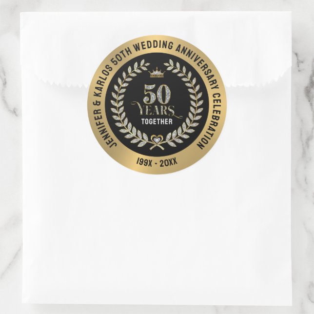 50th wedding Anniversary Sparkling Laurel Wreath Classic Round Sticker (Bag)