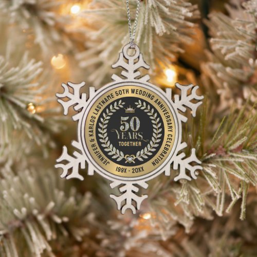50th wedding Anniversary Sparkling Laurel Wreath Snowflake Pewter Christmas Ornament