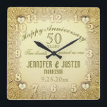 50th Wedding Anniversary Square Wall Clock<br><div class="desc">Commemorate your 50th golden anniversary with this custom personalized clock. Makes a beautiful gift. Artwork by Amelia Carrie</div>