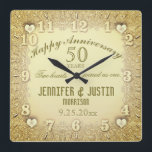 50th Wedding Anniversary Square Wall Clock<br><div class="desc">Commemorate your 50th golden anniversary with this custom personalized clock. Makes a beautiful gift. Artwork by Amelia Carrie</div>