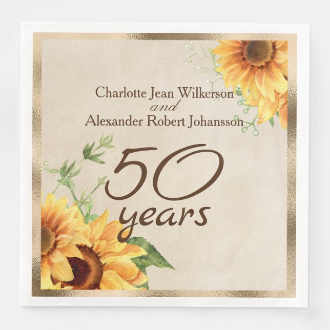 50th Wedding Anniversary Sunflowers Paper Dinner Napkins (Front)