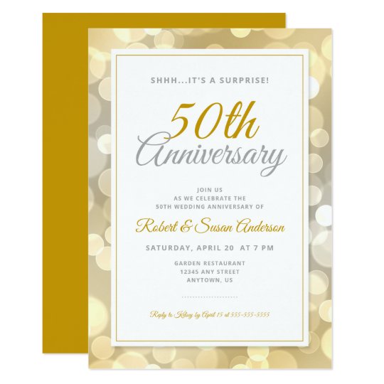 50th Wedding Anniversary Surprise | Gold Bokeh Invitation | Zazzle.com