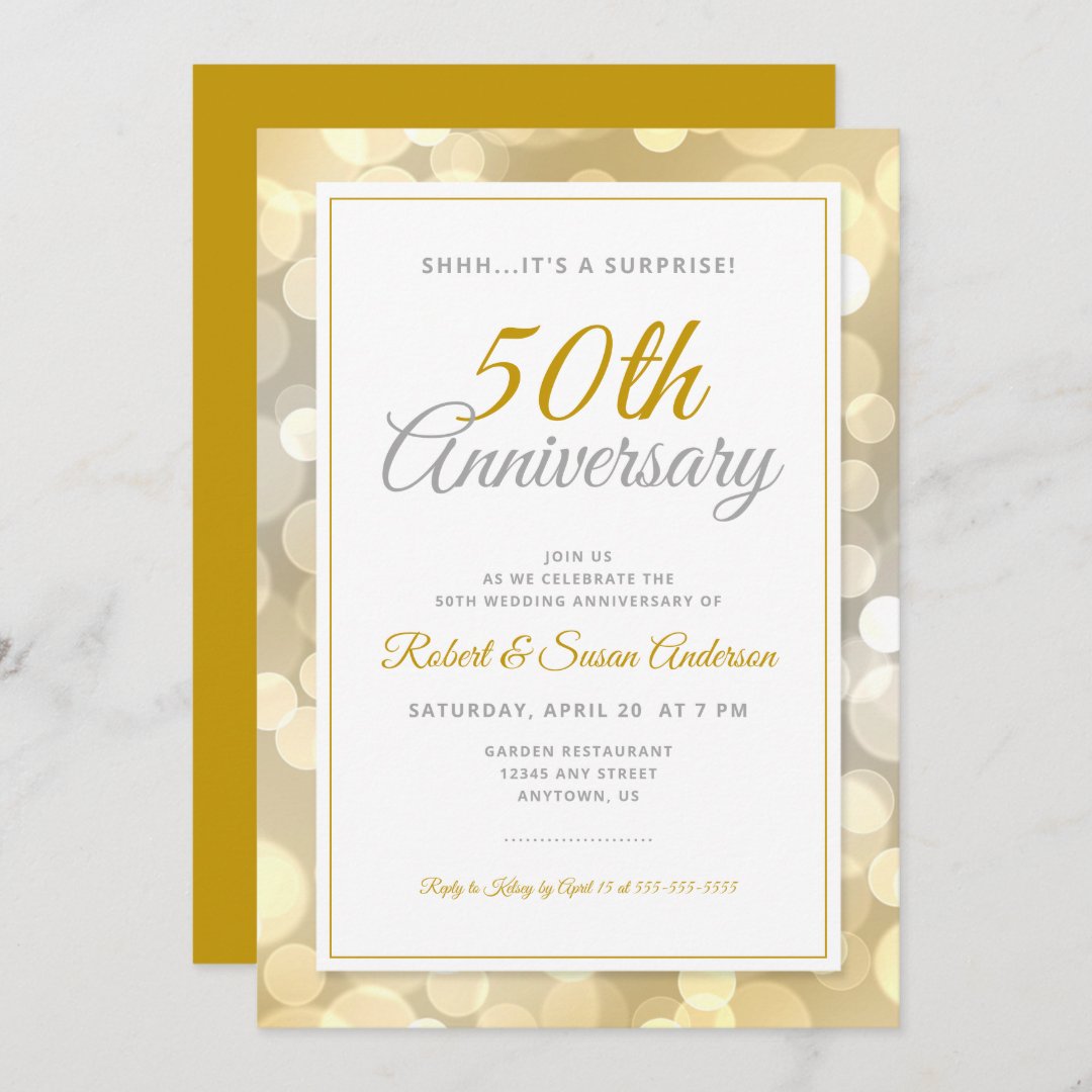 50th Wedding Anniversary Surprise | Gold Bokeh Invitation | Zazzle