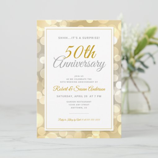 50th Wedding Anniversary Surprise | Gold Bokeh Invitation | Zazzle