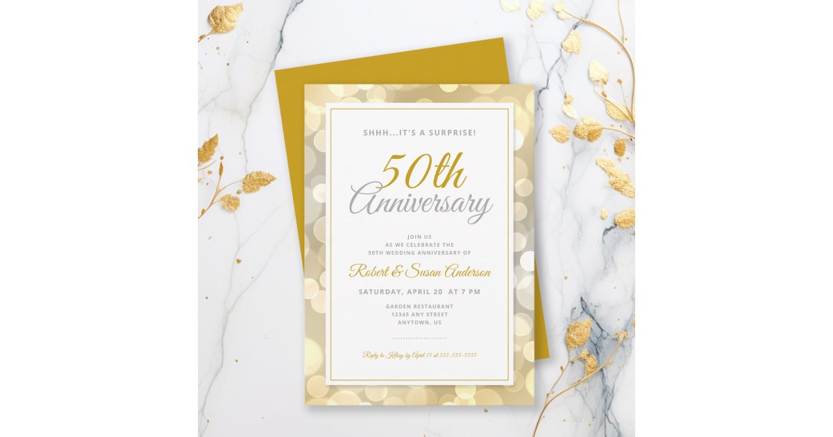 50th Wedding Anniversary Surprise | Gold Bokeh Invitation | Zazzle