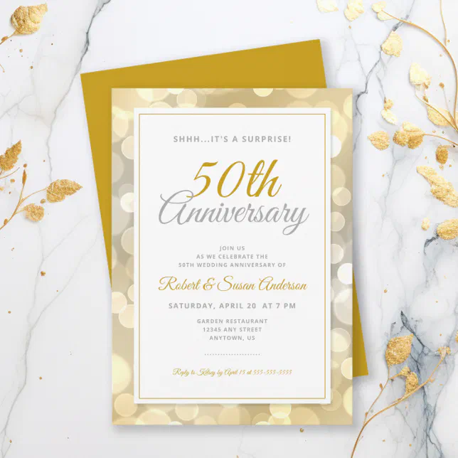 50th Wedding Anniversary Surprise | Gold Bokeh Invitation | Zazzle