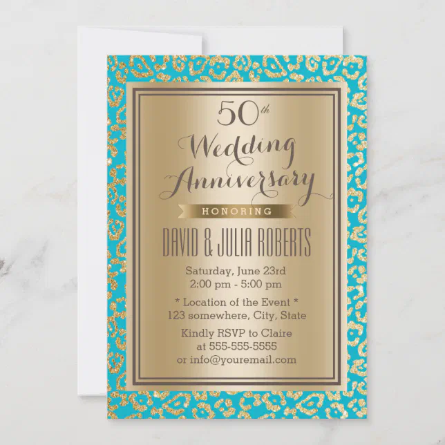 50th Wedding Anniversary Teal & Gold Leopard Print Invitation | Zazzle