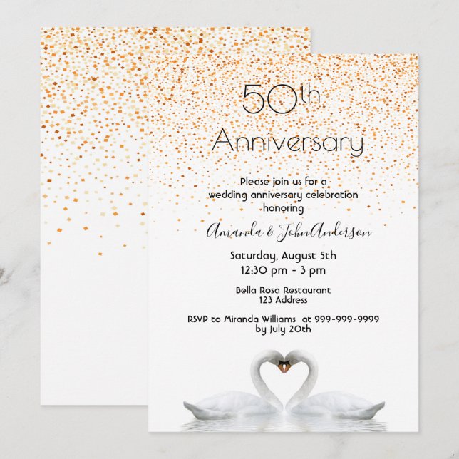 50th wedding anniversary two swans in love white invitation (Front/Back)