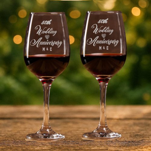50th Wedding Anniversary Typography Couple's Heart Wine Glass