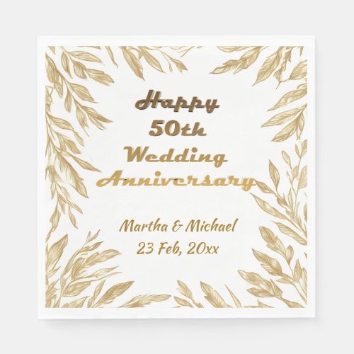 50th Wedding Anniversary Typography Gold Foliage  Napkins