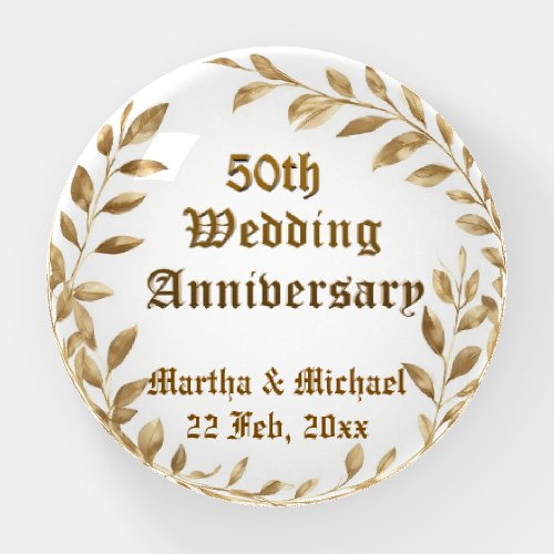 50th Wedding Anniversary Typography Gold Foliage  Paperweight