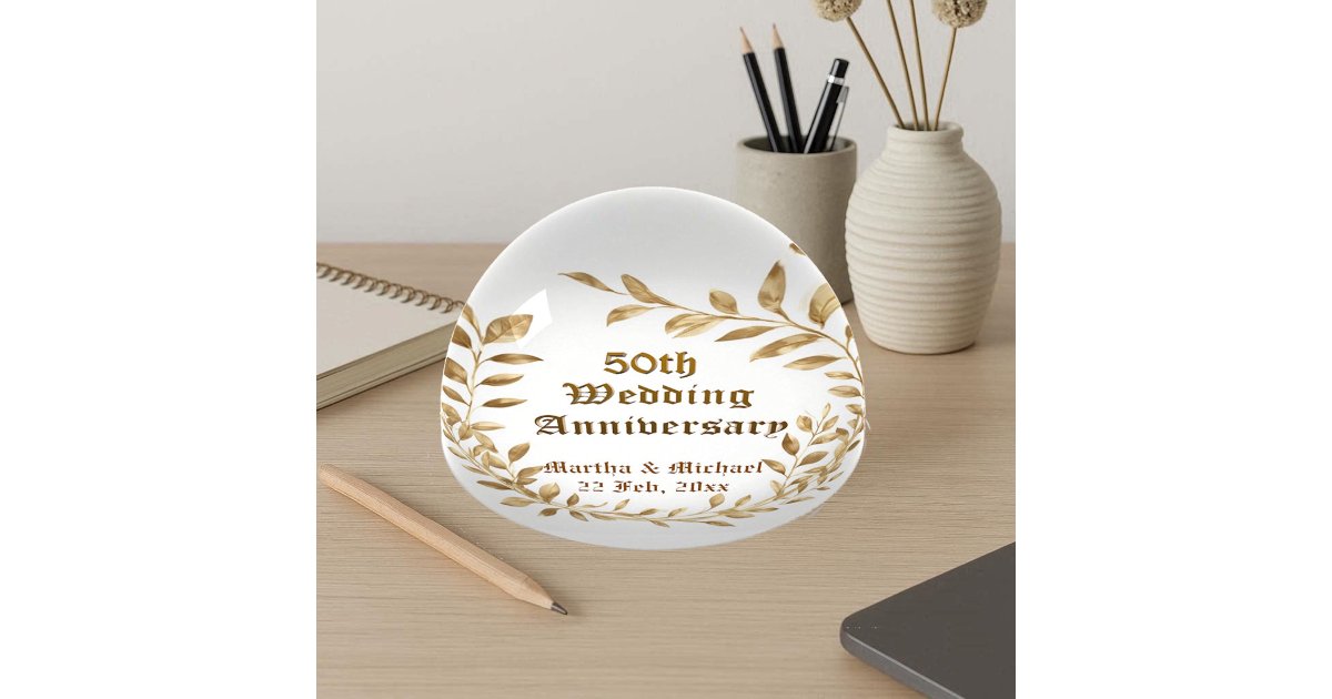 Typography Paperweight 50th Wedding Anniversary Typography Gold Foliage Paperweight | Zazzle