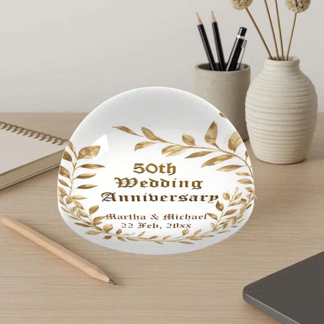 Typography Paperweight 50th Wedding Anniversary Typography Gold Foliage Paperweight | Zazzle