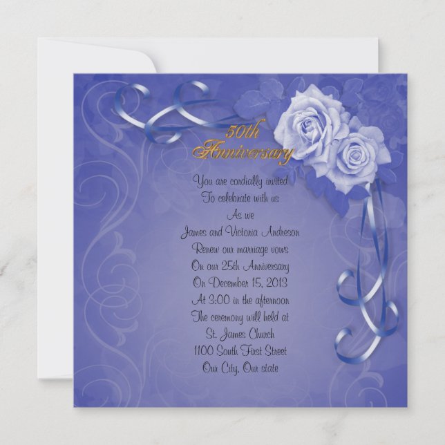 50th Wedding anniversary vow renewal blue roses Invitation (Front)