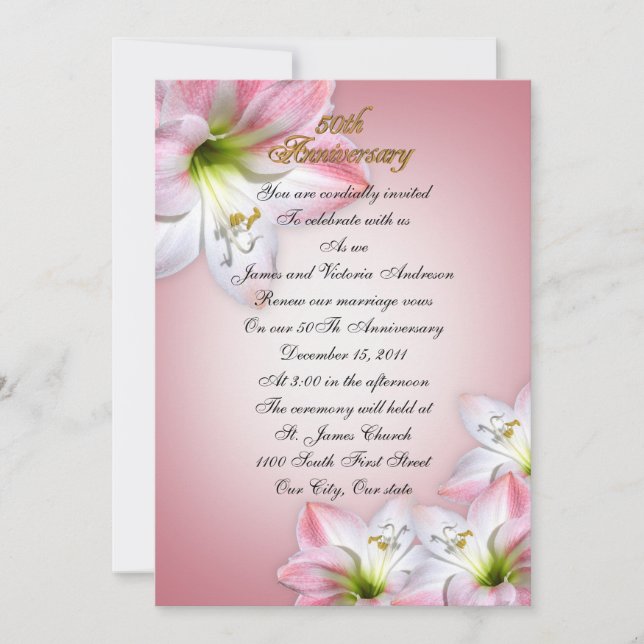 50th Wedding anniversary vow renewal pink amarylis Invitation (Front)