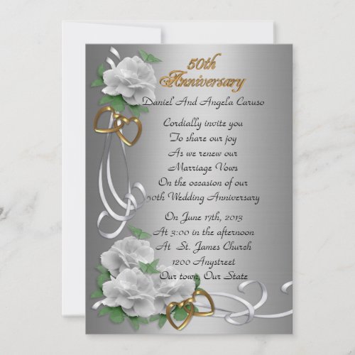 50th Wedding anniversary vow renewal  white roses Invitation