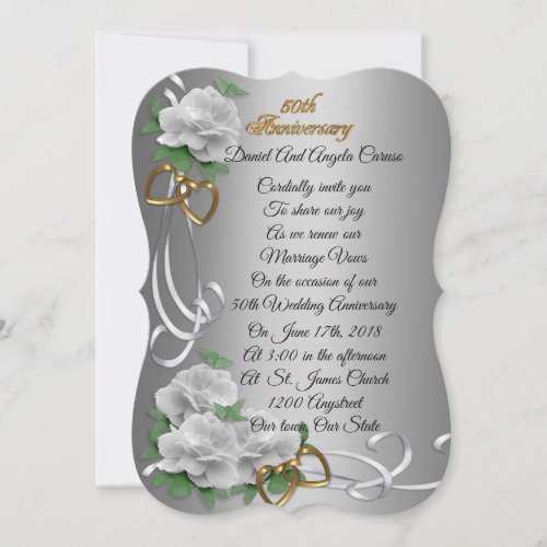 50th Wedding anniversary vow renewal white roses Invitation