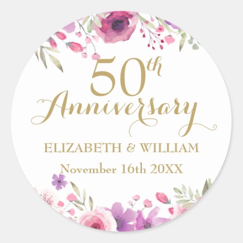 50th Wedding Anniversary Watercolor Floral Classic Round Sticker