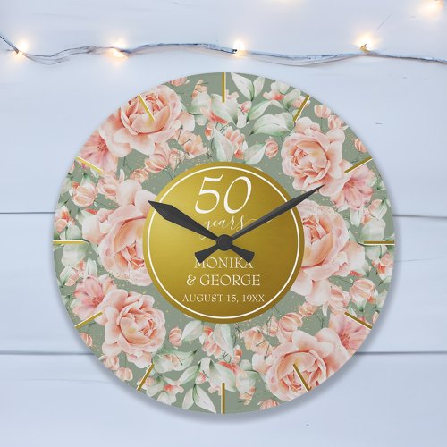 50th Wedding Anniversary Watercolor Floral Gold Large Clock