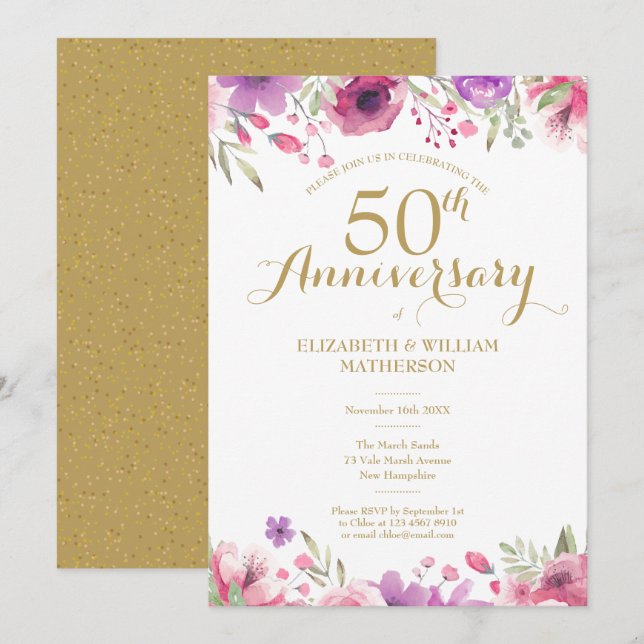 50th Wedding Anniversary Watercolor Floral Invitation (Front/Back)