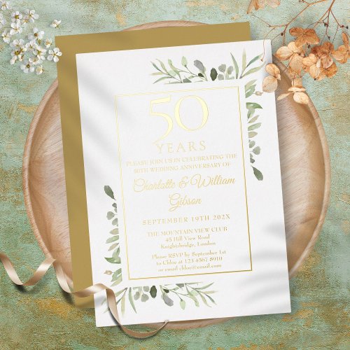 50th Wedding Anniversary Watercolor Greenery Gold Foil Invitation
