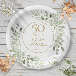 50th Wedding Anniversary Watercolor Greenery  Paper Plates