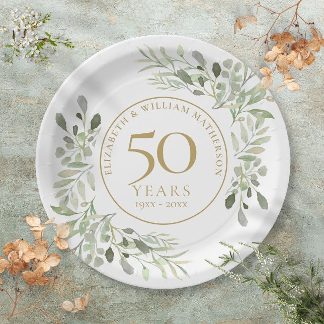 50th Wedding Anniversary Watercolor Greenery Paper Plates (50th Wedding Anniversary Watercolor Greenery Paper Plates)
