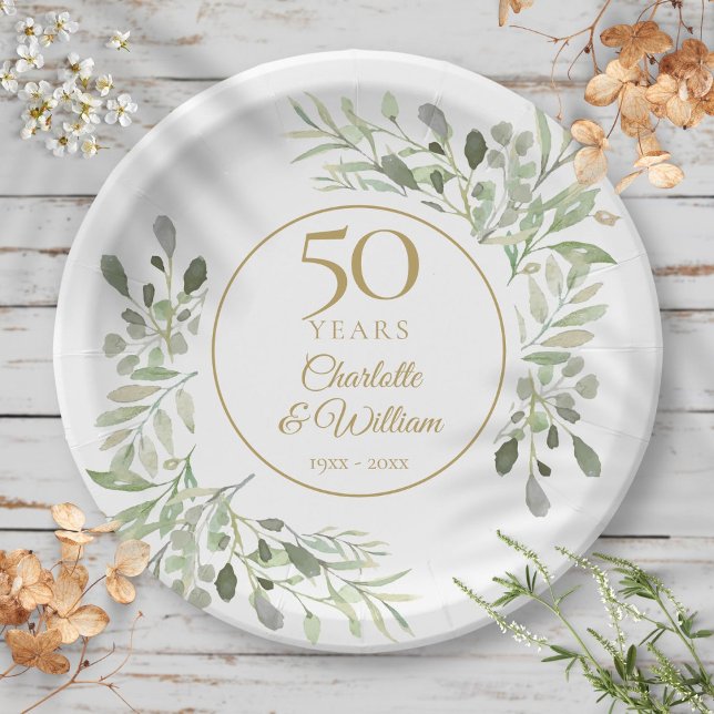 50th Wedding Anniversary Watercolor Greenery  Paper Plates (50th Wedding Anniversary Watercolor Greenery Paper Plates)
