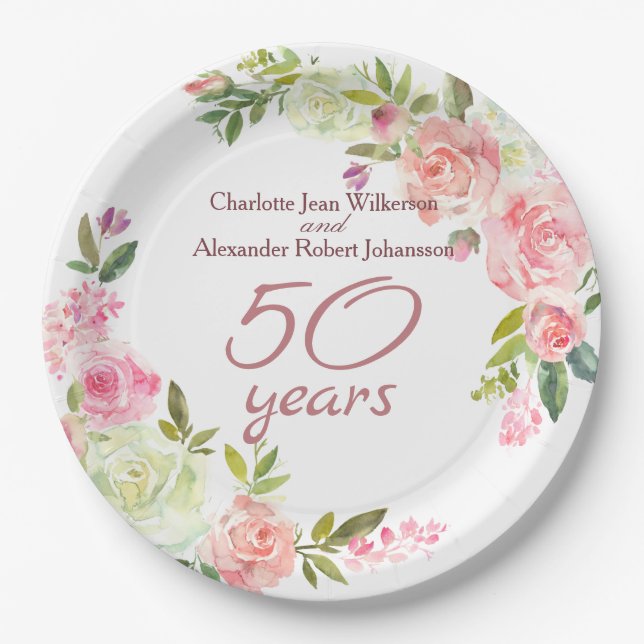 50th Wedding Anniversary Watercolor Roses Paper Plates (Front)