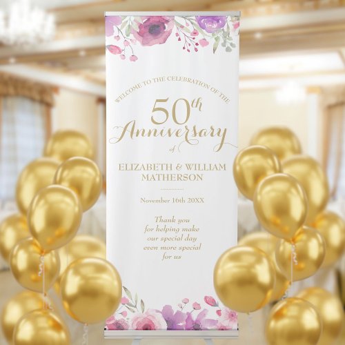 50th Wedding Anniversary Watercolor Roses Welcome Retractable Banner