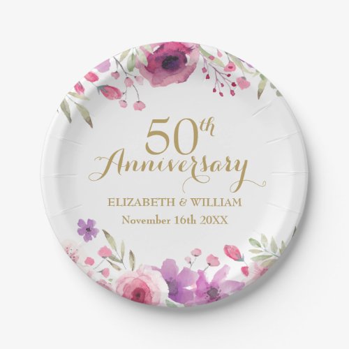 50th Wedding Anniversary Watercolour Roses Paper Plates