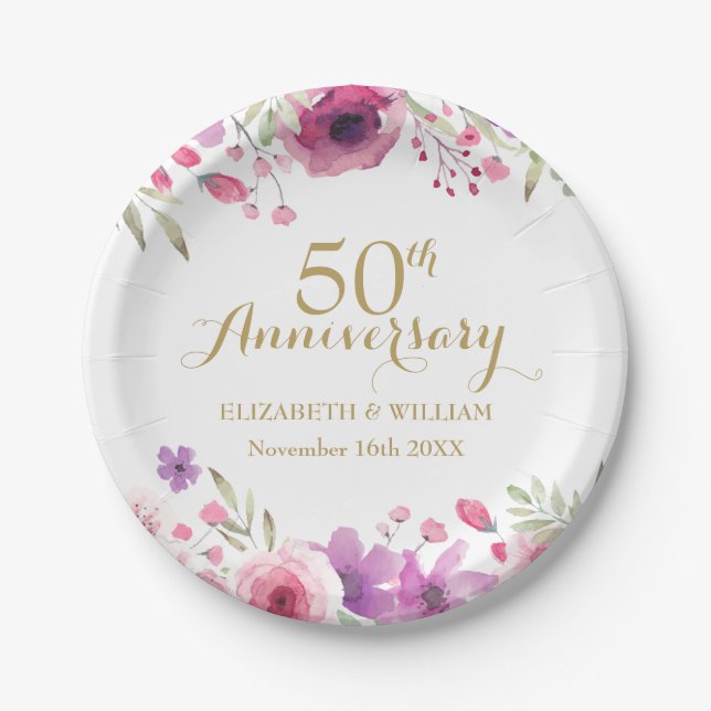 50th Wedding Anniversary Watercolour Roses Paper Plates (Front)