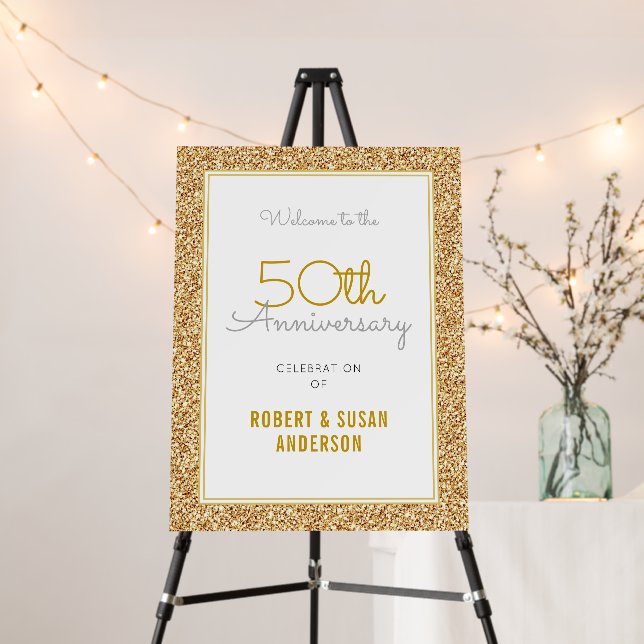 50th Wedding Anniversary Welcome Gold Glitter Foam Board (In Situ (Stand))